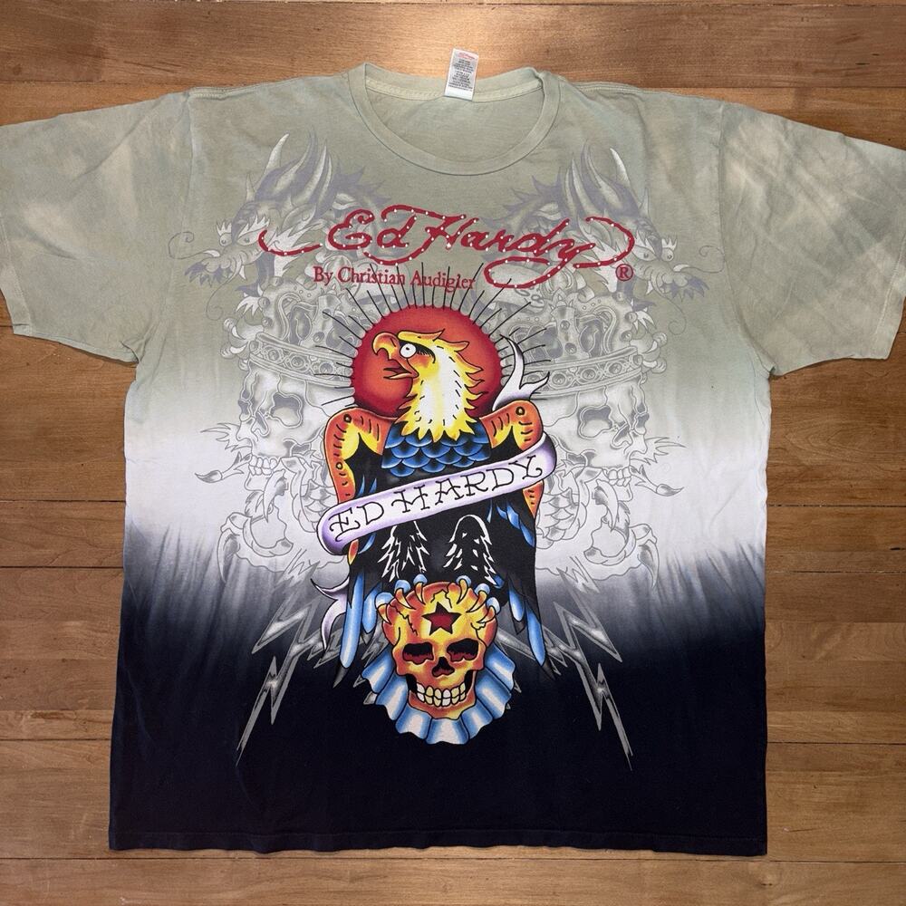 Vintage Ed Hardy Christian Audigier Y2K Overpinted T-shirt RARE XXL Rhinestone